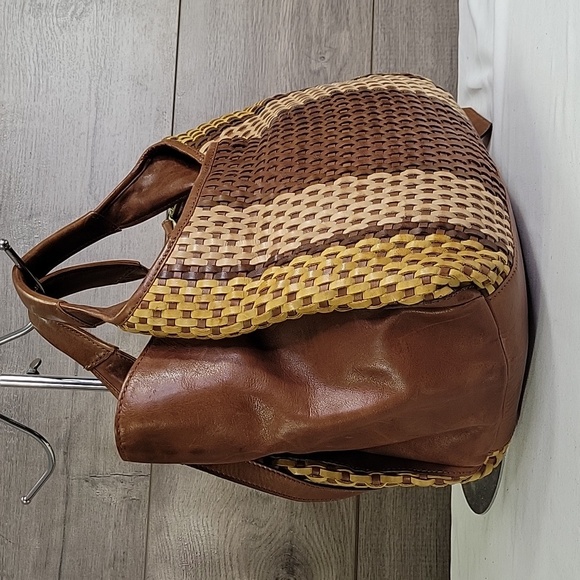Made in India Brown and Yellow Woven Leather Tote Crossbody Bag - Picture 3 of 15